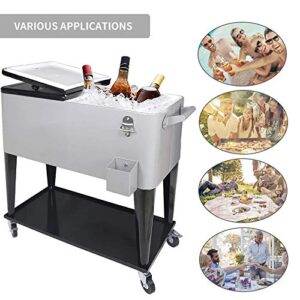 SHAREWIN 80 QT Rolling Cooler Cart Ice Chest for Outdoor Patio Deck Party Portable Party Bar Cold Drink Beverage Cart Tub, Backyard Cooler Trolley on Wheels with Shelf, Bottle Opener Silvery