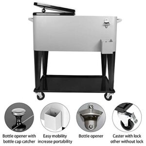 SHAREWIN 80 QT Rolling Cooler Cart Ice Chest for Outdoor Patio Deck Party Portable Party Bar Cold Drink Beverage Cart Tub, Backyard Cooler Trolley on Wheels with Shelf, Bottle Opener Silvery