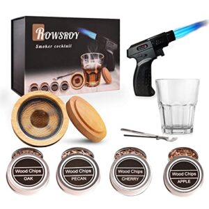 rowsroy cocktail smoker kit, old fashioned smoker cocktail kit for drinks, bourbon smoker lover, 4 flavor wood chips for whiskey and bourbon with torch (excludes butane) holiday gift, gifts for men