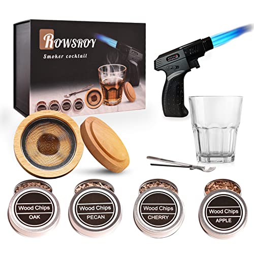 ROWSROY Cocktail Smoker Kit, Old Fashioned Smoker Cocktail Kit for Drinks, Bourbon Smoker Lover, 4 Flavor Wood Chips for Whiskey and Bourbon with Torch (Excludes Butane) Holiday gift, Gifts for Men