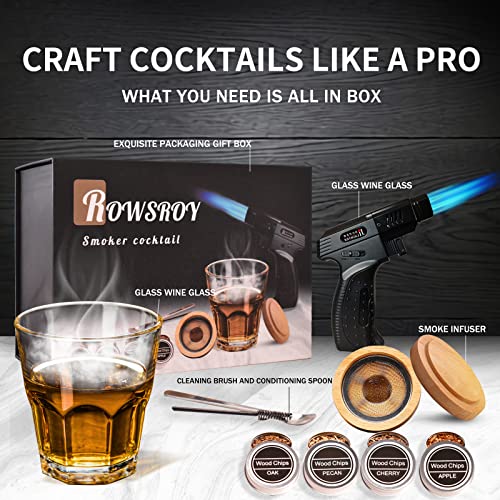 ROWSROY Cocktail Smoker Kit, Old Fashioned Smoker Cocktail Kit for Drinks, Bourbon Smoker Lover, 4 Flavor Wood Chips for Whiskey and Bourbon with Torch (Excludes Butane) Holiday gift, Gifts for Men