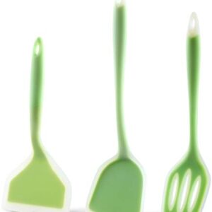 3 Pieces Silicone Spatula Turner Set - Nonstick Pancake Egg Flipper Heat Resistant 480℉- Kitchen Wok Turner, Large Wide Fish Spatula & Slotted Spatula, Cooking Utensils for Burger Omelets, Green