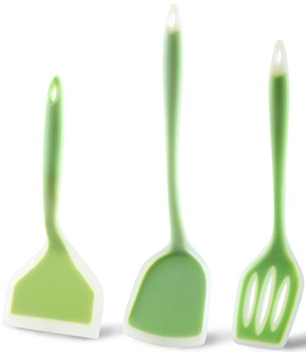 3 Pieces Silicone Spatula Turner Set - Nonstick Pancake Egg Flipper Heat Resistant 480℉- Kitchen Wok Turner, Large Wide Fish Spatula & Slotted Spatula, Cooking Utensils for Burger Omelets, Green