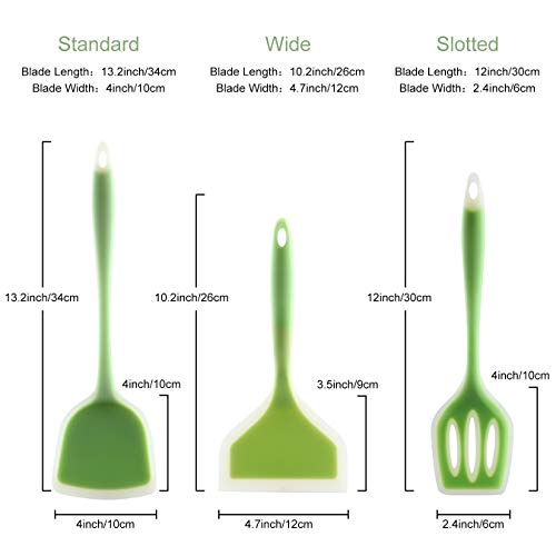 3 Pieces Silicone Spatula Turner Set - Nonstick Pancake Egg Flipper Heat Resistant 480℉- Kitchen Wok Turner, Large Wide Fish Spatula & Slotted Spatula, Cooking Utensils for Burger Omelets, Green