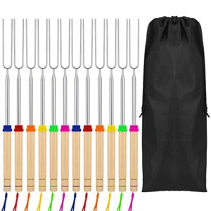 marshmallow roasting sticks 32 inches telescoping marshmallow skewers & hot dog forks stainless steel smores skewers with wooden handle storage bag for campfire camping bonfire and grill（12 pack ）
