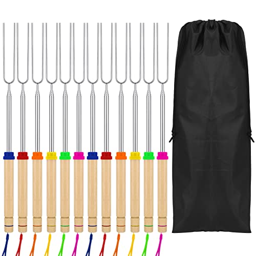 Marshmallow Roasting Sticks 32 inches Telescoping Marshmallow Skewers & Hot Dog Forks Stainless Steel Smores Skewers with Wooden Handle Storage Bag for Campfire Camping Bonfire and Grill（12 Pack ）