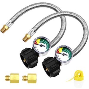 2 packs upgraded 1/4″ npt rv propane pigtail hoses with gauge 1/4″ inverted connector , 40lb 250psi , 20 inch stainless steel braided propane tank pigtail connector for standard two-stage regulator