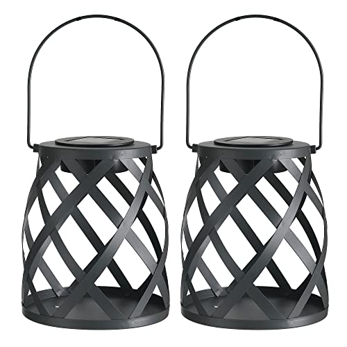 Glintoper 2 Pack Solar Lantern, Outdoor Hanging Solar Powered Lights, Warm White LED Decorative Tabletop Metal Lanterns, Hollowed-Out Design with Handle, Waterproof for Yard Lawn Patio