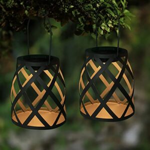 Glintoper 2 Pack Solar Lantern, Outdoor Hanging Solar Powered Lights, Warm White LED Decorative Tabletop Metal Lanterns, Hollowed-Out Design with Handle, Waterproof for Yard Lawn Patio