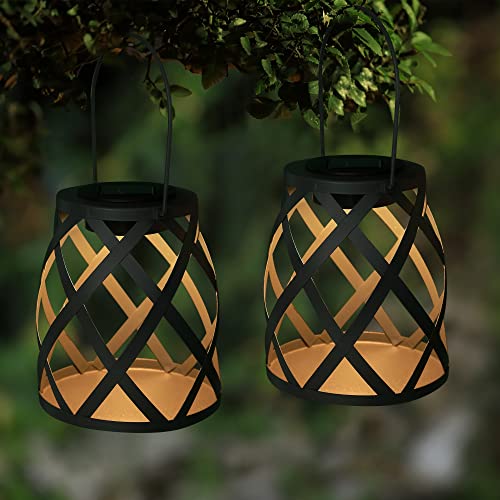 Glintoper 2 Pack Solar Lantern, Outdoor Hanging Solar Powered Lights, Warm White LED Decorative Tabletop Metal Lanterns, Hollowed-Out Design with Handle, Waterproof for Yard Lawn Patio