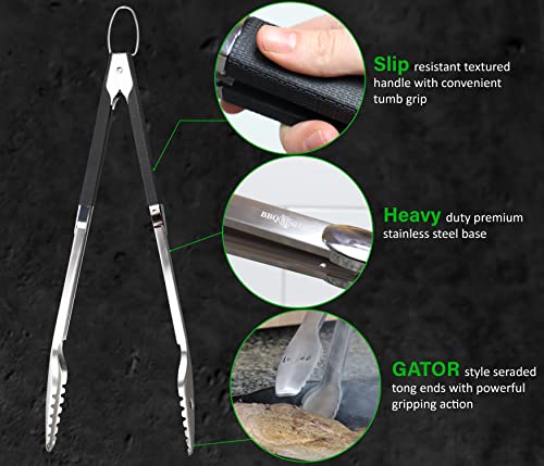BBQ Mate Gator Grip Snake Eye Tongs - extra long 18" inch heavy duty stainless steel tongs for grilling, cooking, and barbecue
