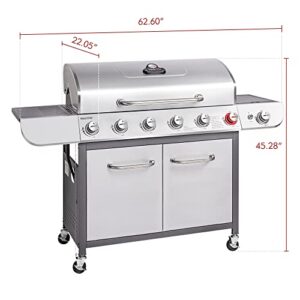 Royal Gourmet US-SG6002R 6 BBQ Liquid Propane Grill with Sear and Side Burners, 71,000 BTU Cabinet Style Stainless Steel Gas Griller, Silver