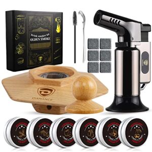 dianance cocktail smoker kit with torch, whiskey, bourbon smoker, drink smoker infuser kit, smoker for old fashioned cocktails, smoked cocktail kit, 6 flavored wood chips, beechwood smoker, stone ice cubes, butane torch (fuel not included)