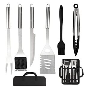 the hungry cook 6pcs 14″ standard bbq stainless-steel grilling utensil tools set, premium grill accessories gift for professional barbecue- spatula, fork, tongs, knife, cleaning brush& basting brush