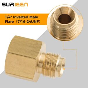 SURIEEN RV Propane Hose Adapter 1/4" Female Pipe NPT x 1/4" Inverted Male Flare（7/16-24UNF）, Brass Convert Adapter Fittings for Propane Lines (Pack of 2)