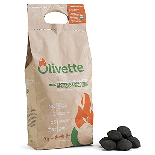 Olivette Organic Charcoal Briquettes for Grilling BBQ, USDA Organic Certified | 100% Recycled Olive Tree Byproducts