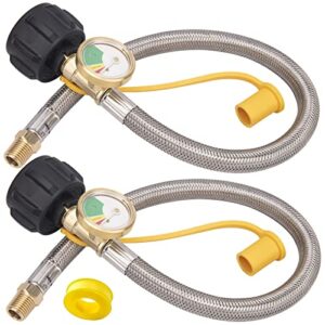 15 inch rv propane hose with gauge, stainless steel braided tank rv propane pigtail hose line for camper standard dual stage regulator 1/4-inch male npt x qcc-1 fittings 40lb 250psi (2 pack)