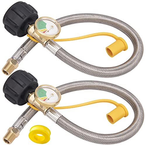 15 inch RV Propane Hose with Gauge, Stainless Steel Braided Tank RV Propane Pigtail Hose Line for Camper Standard Dual Stage Regulator 1/4-Inch Male NPT x QCC-1 Fittings 40Lb 250PSI (2 Pack)