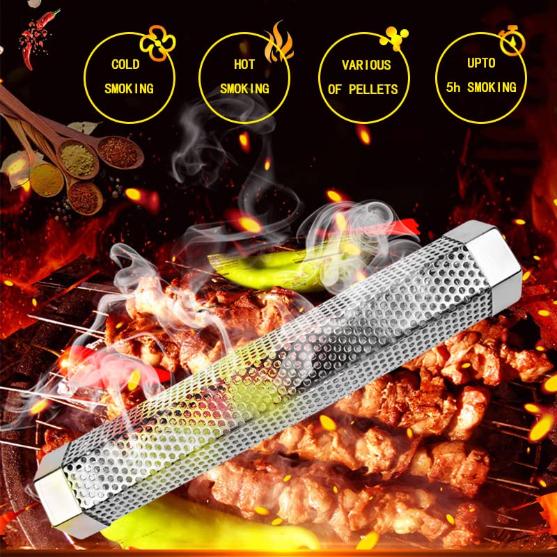 Loveerct Pellet Smoker Tube 12in Stainless Steel BBQ Smoke Tube for Hot or Cold Smoking 5 Hours of Billowing smoke,Stainless Steel Pellet Smoker Tube for All Grill or Smoker