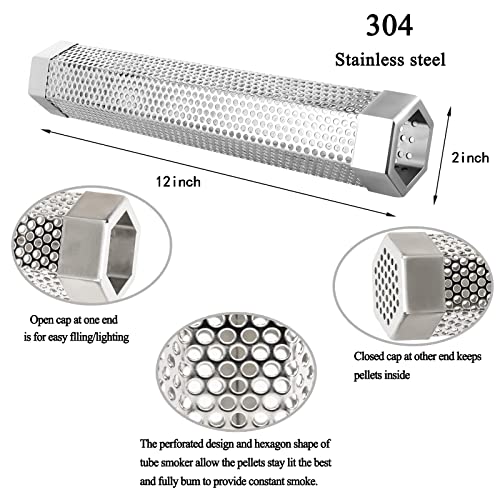 Loveerct Pellet Smoker Tube 12in Stainless Steel BBQ Smoke Tube for Hot or Cold Smoking 5 Hours of Billowing smoke,Stainless Steel Pellet Smoker Tube for All Grill or Smoker