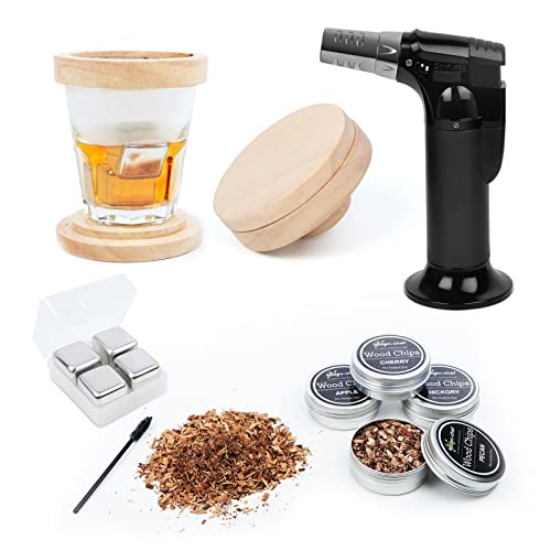 Cocktail Smoker Kit with Torch and Wood Chips-Old Fashioned Chimney Drink Smoker for Cocktails,Whiskey & Bourbon,Ideal Gifts for Men,Boyfriend,Husband,Dad (No Butane) (smoker kit with torch)