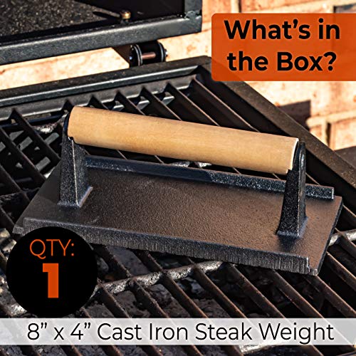 Versatile, Safe-Touch 8x4in Cast Iron Grill Weight 1pc. Perfect Meat Press With Wooden Handle for Crispy Bacon, Evenly Cooked Steak and Healthier Burgers. Great for Flat Top, Oven, Griddle and Skillet