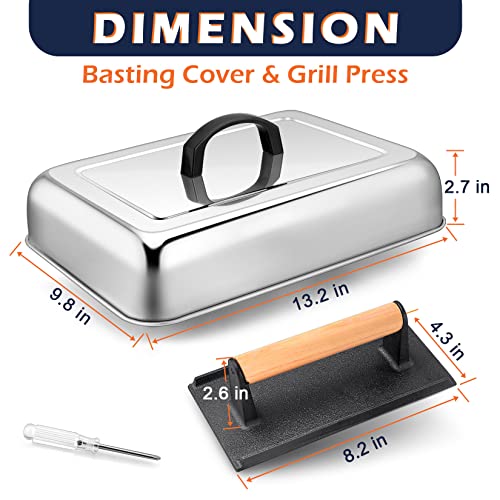 Joyfair Basting Cover with Grill Press, 13 Inch Rectangular Cheese Melting Dome and Cast Iron Burger Press for Outdoor & Indoor, Griddle Accessories for Flat Top/Teppanyaki, Dishwasher Safe