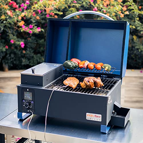 Onlyfire Portable Wood Pellet Grill and Smoker, 8 in 1 Tabletop Outdoor BBQ Grilling Stove for RV Camping Tailgating Cooking with Auto Temperature Control, LED Screen, Meat Probe & 2 Tiers Cooking Area, Blue