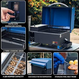 Onlyfire Portable Wood Pellet Grill and Smoker, 8 in 1 Tabletop Outdoor BBQ Grilling Stove for RV Camping Tailgating Cooking with Auto Temperature Control, LED Screen, Meat Probe & 2 Tiers Cooking Area, Blue