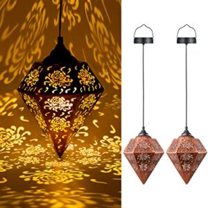 Solar Lanterns Outdoor Waterproof Hanging - OxyLED 2Pack Patio Garden Lantern Lights with Powered Retro Decorative Morrocan Flower Pattern Metal for Tabletop Decor Outside Tree Pool Porch Balcony Yard