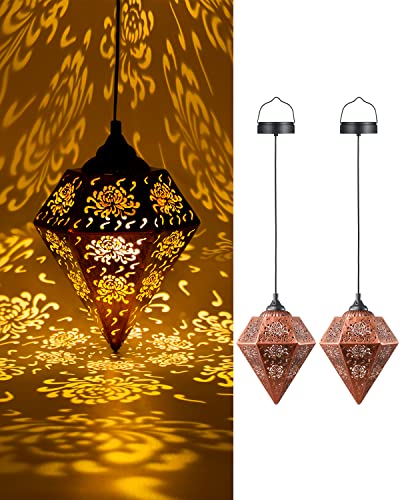 Solar Lanterns Outdoor Waterproof Hanging - OxyLED 2Pack Patio Garden Lantern Lights with Powered Retro Decorative Morrocan Flower Pattern Metal for Tabletop Decor Outside Tree Pool Porch Balcony Yard