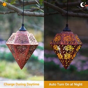 Solar Lanterns Outdoor Waterproof Hanging - OxyLED 2Pack Patio Garden Lantern Lights with Powered Retro Decorative Morrocan Flower Pattern Metal for Tabletop Decor Outside Tree Pool Porch Balcony Yard