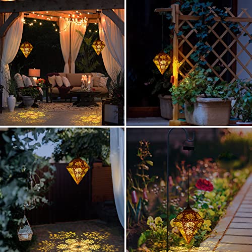 Solar Lanterns Outdoor Waterproof Hanging - OxyLED 2Pack Patio Garden Lantern Lights with Powered Retro Decorative Morrocan Flower Pattern Metal for Tabletop Decor Outside Tree Pool Porch Balcony Yard