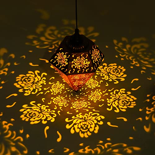 Solar Lanterns Outdoor Waterproof Hanging - OxyLED 2Pack Patio Garden Lantern Lights with Powered Retro Decorative Morrocan Flower Pattern Metal for Tabletop Decor Outside Tree Pool Porch Balcony Yard