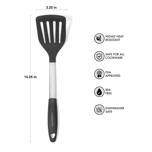 Daily Kitchen Spatula Heat Resistant Silicone and Stainless Steel - Slotted Turner Spatula Rubber Grip - Flexible Silicone Spatula Turner for Cooking and Non Stick Cookware - Versatile Kitchen Spatula