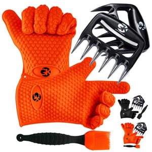 gk’s premium bbq dream set: 100% mess proof silicone bbq smoker gloves for bbqing all day plus super sharp solid meat claws for shredding plus silicone basting brush | smoker accessories for men and women (orange)
