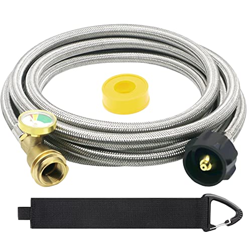 GardenNow Upgraded 12 FT Propane Tank Extension Hose Braided with Gauge, QCC1/Type 1 Tank Extension Hose, Acme to Male QCC/POL Fitting, Leak Detector Replacement for Propane Tank Appliances, Gas Grill