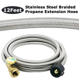 GardenNow Upgraded 12 FT Propane Tank Extension Hose Braided with Gauge, QCC1/Type 1 Tank Extension Hose, Acme to Male QCC/POL Fitting, Leak Detector Replacement for Propane Tank Appliances, Gas Grill