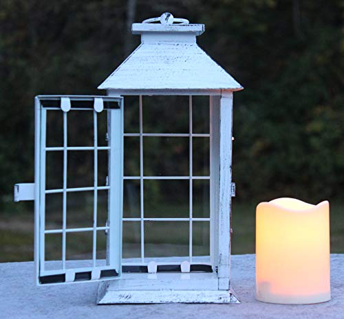 Seraphic Country Style Farmhouse Rustic Decorative Metal Lanterns with Flickering Flameless LED Candle, White