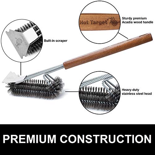 HOT Target 18" Super Sturdy Grill Brush and Scraper with Safe Extended Acacia Wooden Handle and Stainless-Steel Bristles No Scratch Cleaning for Any Grill: Char Broil & Ceramic