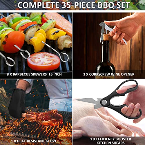 35Pcs BBQ Grill Accessories Tools Set, MCIRCO Heavy Duty Stainless Steel Grilling Tools with Portable Bag, Grill Mats, Thermometer for Backyard Barbecue, Camping, Gifts for Men Women