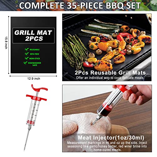 35Pcs BBQ Grill Accessories Tools Set, MCIRCO Heavy Duty Stainless Steel Grilling Tools with Portable Bag, Grill Mats, Thermometer for Backyard Barbecue, Camping, Gifts for Men Women