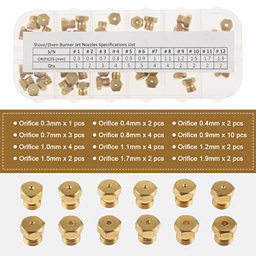 ETERMETA Range Stove Oven Orifice Conversion Kit, Propane Lp Natural Gas Brass Jet Burner Nozzle Replacement Parts M6x0.75 mm Gas Spray Tip 0.3/0.4/0/7/0.8/0.9/1.0/1.1/1.2/1.5/1.7/1.9mm, 36PCS