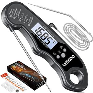 Digital Meat Thermometer, Umedo 2 in 1 Waterproof Instant Read Food Thermometer with Alarm Set, LCD Backlight & Calibration, Dual Probe Magnet Cooking Thermometer for BBQ, Candy, Liquid - Black