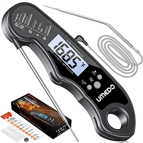 Digital Meat Thermometer, Umedo 2 in 1 Waterproof Instant Read Food Thermometer with Alarm Set, LCD Backlight & Calibration, Dual Probe Magnet Cooking Thermometer for BBQ, Candy, Liquid - Black