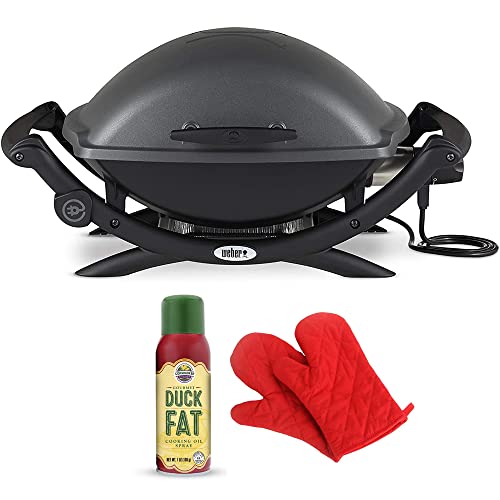 Weber 55020001 Q 2400 Electric Grill Black Bundle with Cornhusker Kitchen Gourmet Duck Fat Spray Cooking Oil and Deco Essentials Pair of Red Heat Resistant Oven Mitt