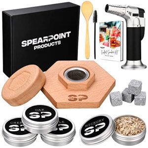 spearpoint products cocktail smoker kit with torch – (4) types of all natural wood chips – whiskey smoker – drink smoker infuser kit – marble ice cubes – spoon brush