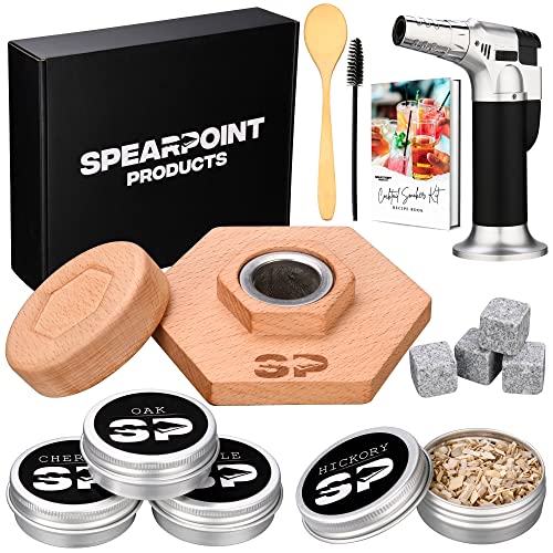 Spearpoint Products Cocktail Smoker Kit with Torch - (4) Types of All Natural Wood Chips - Whiskey Smoker - Drink Smoker Infuser Kit - Marble Ice Cubes - Spoon Brush