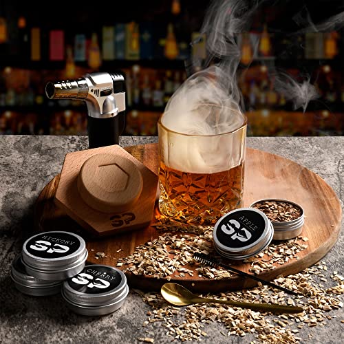 Spearpoint Products Cocktail Smoker Kit with Torch - (4) Types of All Natural Wood Chips - Whiskey Smoker - Drink Smoker Infuser Kit - Marble Ice Cubes - Spoon Brush