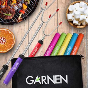 Garnen BBQ Marshmallow Roasting Smores Sticks with Pouch (8 Packs), 34 inch Extendable Rotating Stainless Steel Skewer Fork with Plastic Handle for Kids Camping Grill Campfire Firepit